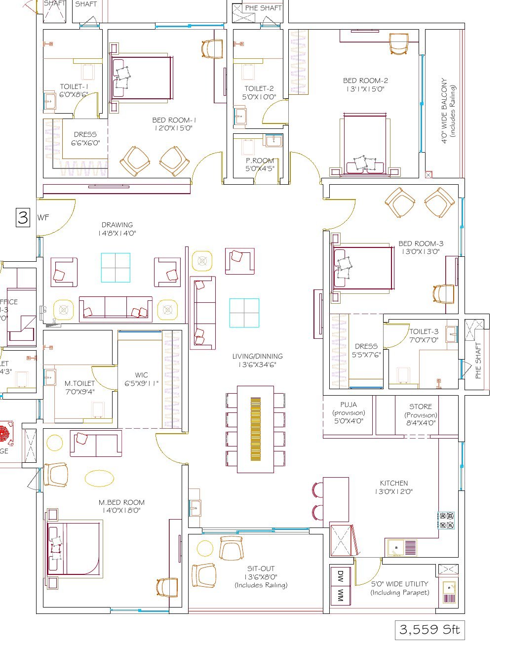 DSR Hyven Block A unit 3 floor plan — 3,559 sft, with room dimensions