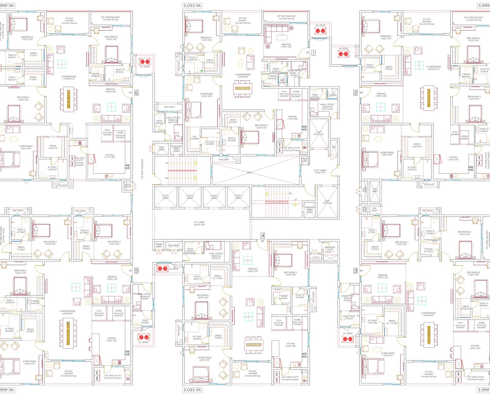 DSR Hyven Block B typical floor plan — six apartments around a central core of lifts, staircases and lobby