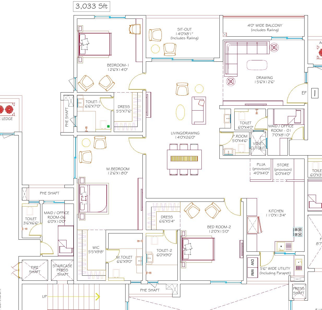 DSR Hyven Block B unit 1 floor plan — 3,033 sft, with room dimensions