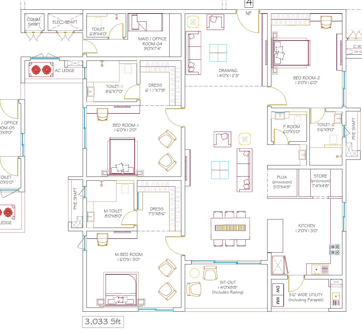DSR Hyven Block B unit 4 floor plan — 3,033 sft, with room dimensions