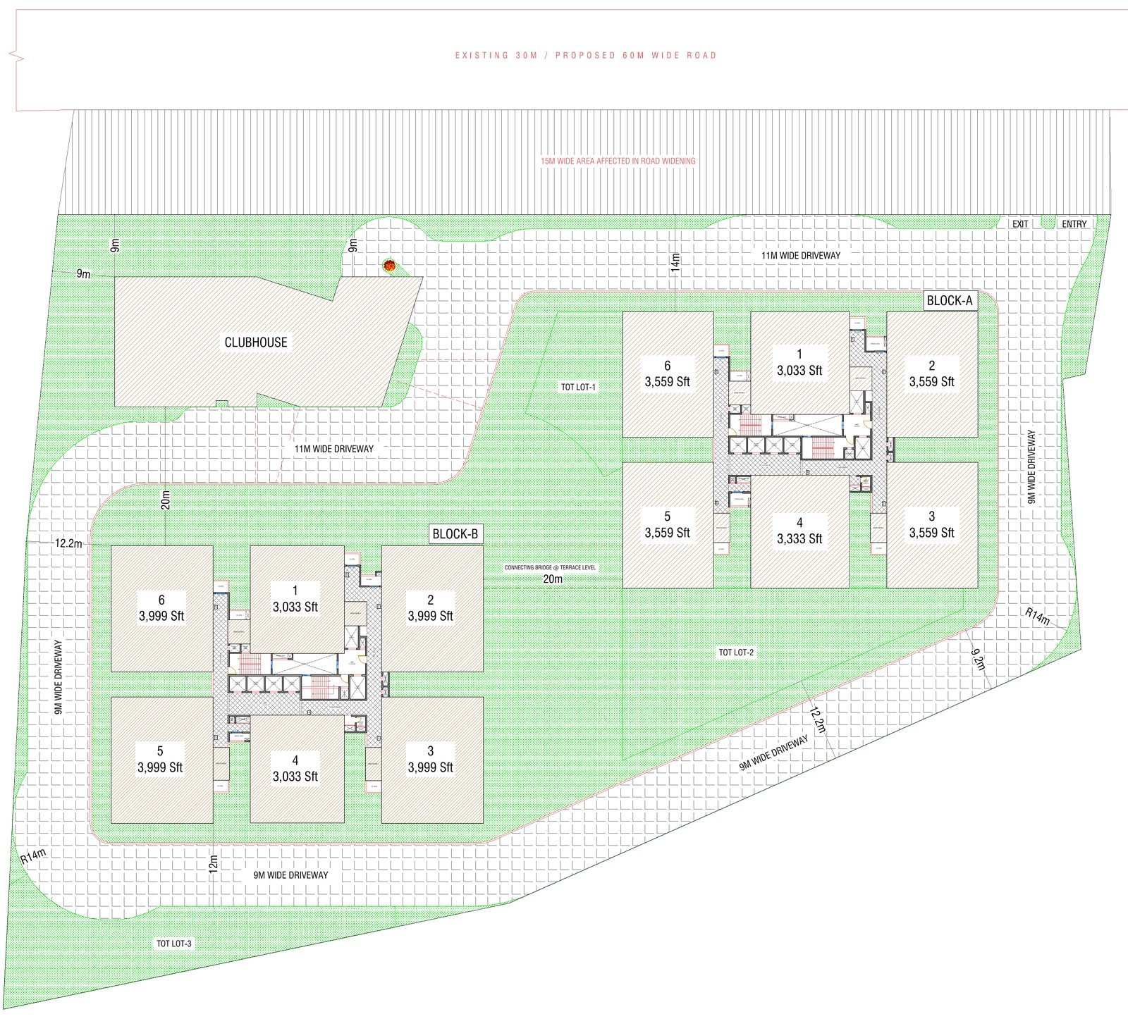 DSR Hyven Rajendranagar site plan — Block A and Block B with six apartments per floor, clubhouse in the north-west, entry from the 30 m road
