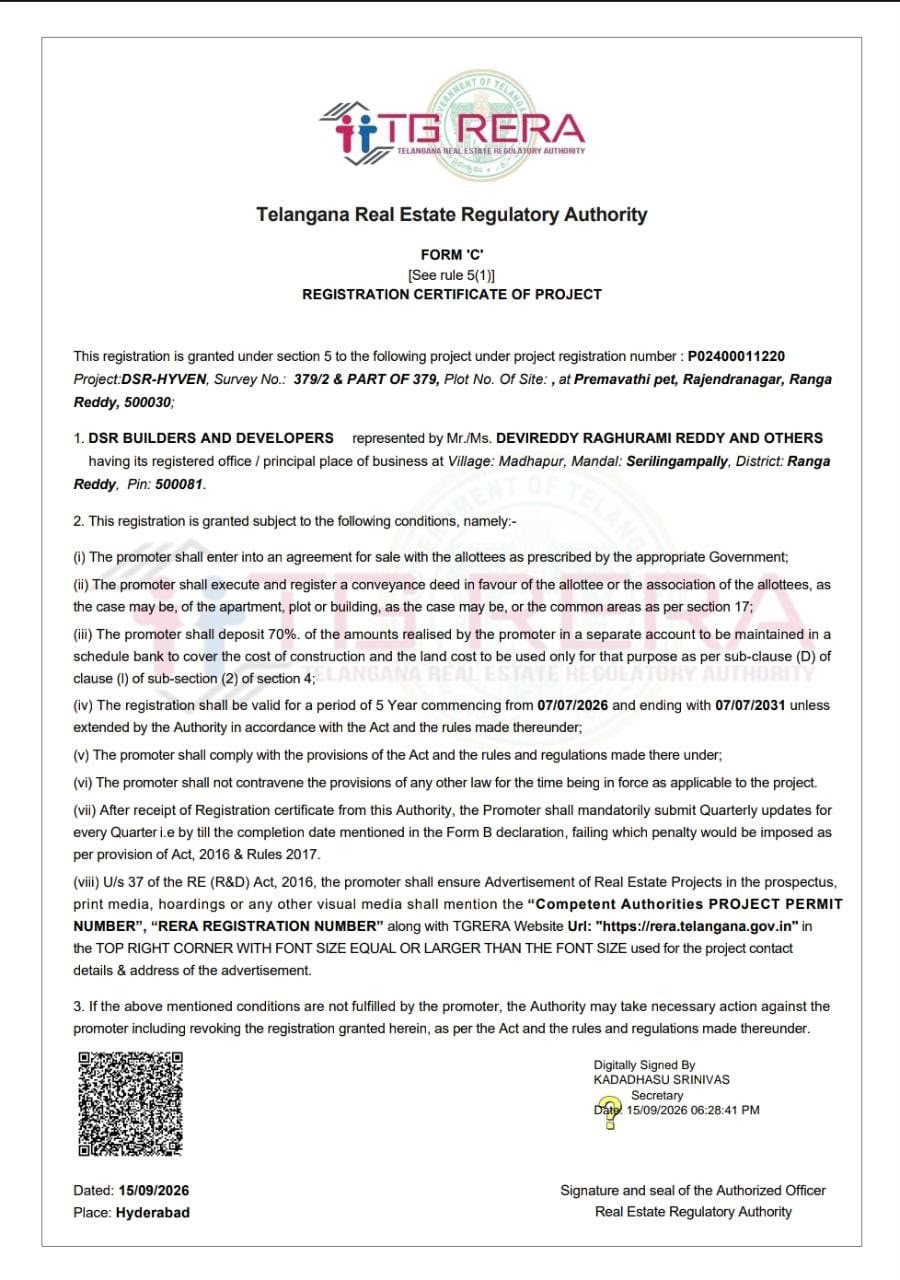 Telangana RERA Form C registration certificate for DSR-HYVEN, project registration number P02400011220, dated 15 September 2026